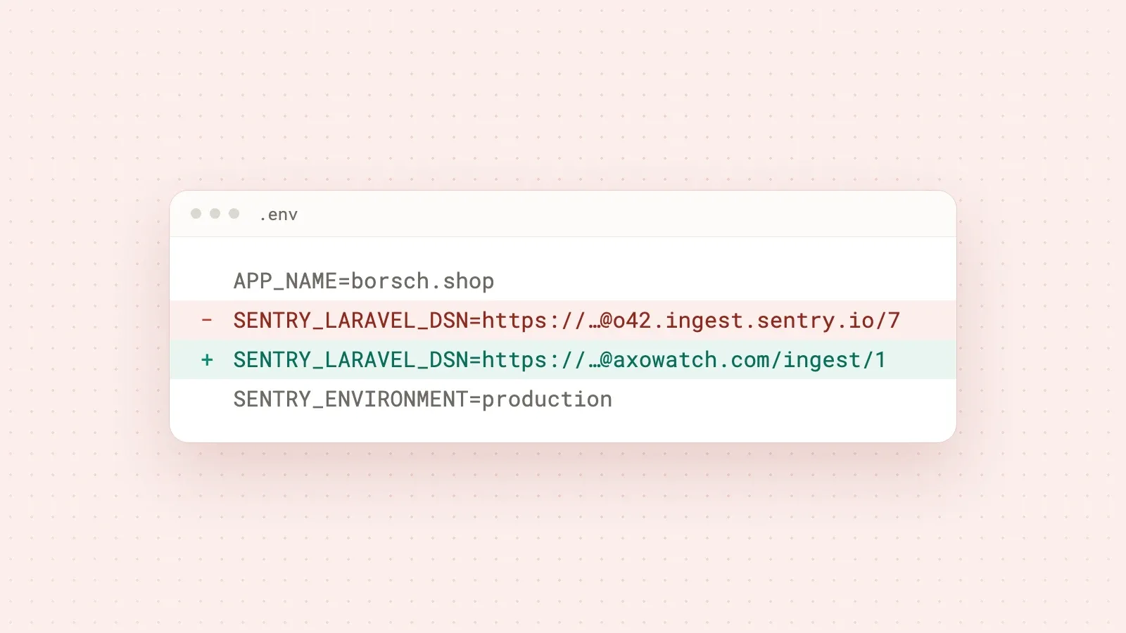 An .env file where the old Sentry DSN line is removed and a new DSN pointing to axowatch.com/ingest is added